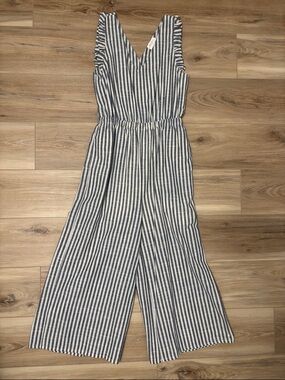 Striped V-Neck Wide-Leg Jumpsuit in Navy and White